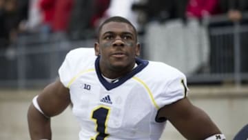Nov 29, 2014; Columbus, OH, USA; Michigan Wolverines wide receiver Devin Funchess (1) watches the scoreboard near the end of the game against the Ohio State Buckeyes at Ohio Stadium. Ohio State won the game 42-28. Mandatory Credit: Greg Bartram-USA TODAY Sports