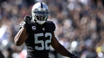 OAKLAND, CA - OCTOBER 09: Khalil Mack #52 of the Oakland Raiders reacts after a play against the San Diego Chargers during their NFL game at Oakland-Alameda County Coliseum on October 9, 2016 in Oakland, California. (Photo by Ezra Shaw/Getty Images)