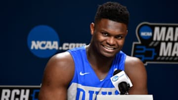 Duke basketball star Zion Williamson answers questions from the media.
