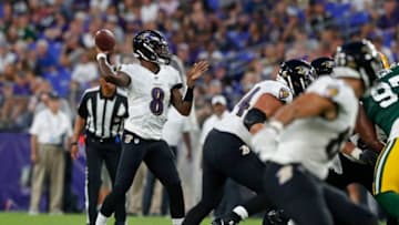 BALTIMORE, MARYLAND - AUGUST 15: Lamar Jackson #8 of the Baltimore Ravens throws the ball in the first half of a preseason game against the Green Bay Packers at M&T Bank Stadium on August 15, 2019 in Baltimore, Maryland. (Photo by Todd Olszewski/Getty Images)