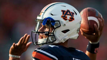 Auburn football quarterback Joey Gatewood (1) warms up at Jordan-Hare Stadium in Auburn, Ala., on Saturday, Sept. 28, 2019.