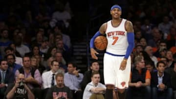 Oct 29, 2015; New York, NY, USA; New York Knicks forward Carmelo Anthony (7) reacts against the Atlanta Hawks during the second half of an NBA basketball game at Madison Square Garden. The Hawks defeated the Knicks 112-101. Mandatory Credit: Adam Hunger-USA TODAY Sports