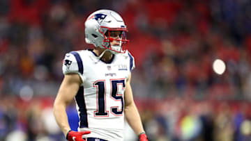ATLANTA, GEORGIA - FEBRUARY 03: Chris Hogan #15 of the New England Patriots warms up prior to Super Bowl LIII against the Los Angeles Rams at Mercedes-Benz Stadium on February 03, 2019 in Atlanta, Georgia. (Photo by Maddie Meyer/Getty Images)