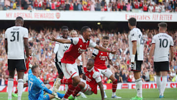 LONDON, ENGLAND - AUGUST 27: Gabriel Magalhaes of Arsenal celebrates their sides second goal during the Premier League match between Arsenal FC and Fulham FC at Emirates Stadium on August 27, 2022 in London, England. (Photo by Eddie Keogh/Getty Images)