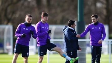 LONDON, ENGLAND - FEBRUARY 29: Kieran Trippier of Tottenham Hotspur, Ben Davies of Tottenham Hotspur, and Ryan Mason of Tottenham Hotspur warm up during a Tottenham Hotspur training session at the Tottenham Hotspur Training Centre on February 29, 2016 in London, England. (Photo by Tottenham Hotspur FC/Tottenham Hotspur FC via Getty Images)