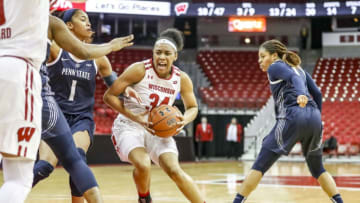 MADISON, WI - JANUARY 24: Wisconsin forward Imani Lewis (34) tries to make a path to the basket during a women's college basketball game between the University of Wisconsin Badgers and the Penn State University Nittany Lions on January 24, 2019 at the Kohl Center in Madison, WI. (Photo by Lawrence Iles/Icon Sportswire via Getty Images)