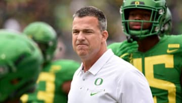 EUGENE, OR - SEPTEMBER 08: Head coach Mario Cristobal of the Oregon Ducks looks on as his team warms up before the game against the Portland State Vikings at Autzen Stadium on September 8, 2018 in Eugene, Oregon. (Photo by Steve Dykes/Getty Images)