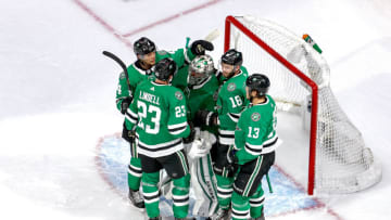 EDMONTON, ALBERTA - SEPTEMBER 12: Anton Khudobin #35 of the Dallas Stars celebrates with his teammates after their 2-1 victory against the Vegas Golden Knights in Game Four of the Western Conference Final during the 2020 NHL Stanley Cup Playoffs at Rogers Place on September 12, 2020 in Edmonton, Alberta, Canada. (Photo by Bruce Bennett/Getty Images)