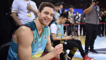 BEIJING, CHINA - JANUARY 08: Jimmer Fredette of Shanghai Sharks celebrates after winning the final match of Three-Point Shootout during 2017 CBA All-Star Weekend at LeSports Center on January 8, 2017 in Beijing, China. (Photo by VCG/VCG via Getty Images)