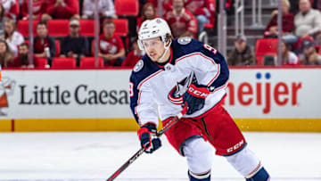 DETROIT, MI - OCTOBER 04: Artemi Panarin #9 of the Columbus Blue Jackets skates up ice with the puck against the Detroit Red Wings during an NHL game at Little Caesars Arena on October 4, 2018 in Detroit, Michigan. Columbus defeated Detroit 3-2 in overtime. (Photo by Dave Reginek/NHLI via Getty Images)