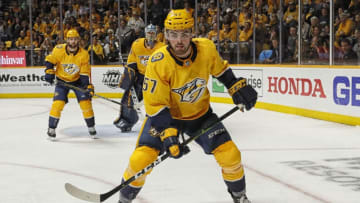 NASHVILLE, TENNESSEE - APRIL 20: Dante Fabbro #57 of the Nashville Predators plays against the Dallas Stars during the second period of Game Five of the Western Conference First Round during the 2019 NHL Stanley Cup Playoffs at Bridgestone Arena on April 20, 2019 in Nashville, Tennessee. (Photo by Frederick Breedon/Getty Images)