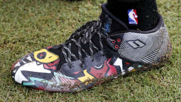 TAMPA, FL - JULY 30: A general view of the custom designed cleats and black NBA Socks worn by Wide Receiver DeSean Jackson