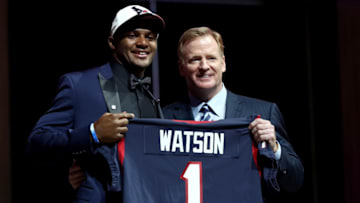 PHILADELPHIA, PA - APRIL 27: (L-R) Deshaun Watson of Clemson poses with Commissioner of the National Football League Roger Goodell after being picked
