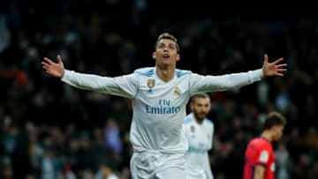MADRID, SPAIN - FEBRUARY 10: Cristiano Ronaldo of Real Madrid CF celebrates scoring their fourth goal during the La Liga match between Real Madrid CF and Real Sociedad de Futbol at Estadio Santiago Bernabeu on February 10, 2018 in Madrid, Spain. (Photo by Gonzalo Arroyo Moreno/Getty Images)