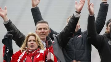 Jan 24, 2015; Columbus, OH, USA; Ohio State Buckeyes head coach Urban Meyer and wife Shelley Meyer at the national championship celebration at Ohio Stadium. Mandatory Credit: Joe Maiorana-USA TODAY Sports