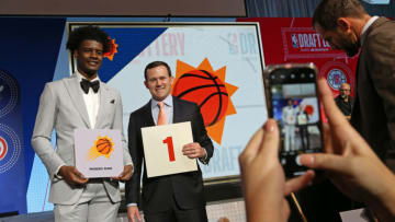 CHICAGO, IL - MAY 15: Josh Jackson #20 of the Phoenix Suns and General Manager of the Phoenix Suns, Ryan McDonough pose for a photo after getting the number one pick in the 2018 NBA Draft during the NBA Draft Lottery on May 15, 2018 at The Palmer House Hilton in Chicago, Illinois. NOTE TO USER: User expressly acknowledges and agrees that, by downloading and or using this Photograph, user is consenting to the terms and conditions of the Getty Images License Agreement. Mandatory Copyright Notice: Copyright 2018 NBAE (Photo by Gary Dineen/NBAE via Getty Images)