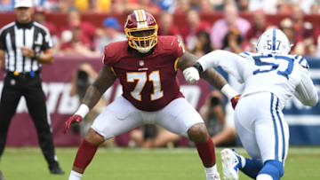 LANDOVER, MD - SEPTEMBER 16: Trent Williams #71 of the Washington Redskins blocks against the Indianapolis Colts at FedExField on September 16, 2018 in Landover, Maryland. (Photo by G Fiume/Getty Images)