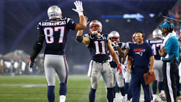 FOXBORO, MA - SEPTEMBER 10: Rob Gronkowski #87 of the New England Patriots celebrates his third touchdown of the game with Julian Edelman #11 against the Pittsburgh Steelers at Gillette Stadium on September 10, 2015 in Foxboro, Massachusetts. (Photo by Maddie Meyer/Getty Images)