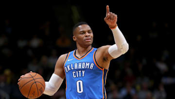 DENVER, CO - OCTOBER 10: Russell Westbrook #0 of the Oklahoma City Thunder brings the ball down the court against the Denver Nuggets at the Pepsi Center on October 10, 2017 in Denver, Colorado. (Photo by Matthew Stockman/Getty Images)