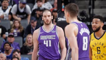 SACRAMENTO, CA - MARCH 29: Kosta Koufos #41 of the Sacramento Kings looks on during the game against the Indiana Pacers on March 29, 2018 at Golden 1 Center in Sacramento, California. NOTE TO USER: User expressly acknowledges and agrees that, by downloading and or using this photograph, User is consenting to the terms and conditions of the Getty Images Agreement. Mandatory Copyright Notice: Copyright 2018 NBAE (Photo by Rocky Widner/NBAE via Getty Images)