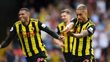 WATFORD, ENGLAND - AUGUST 11: Roberto Pereyra of Watford celebrates after scoring his team's first goal during the Premier League match between Watford FC and Brighton & Hove Albion at Vicarage Road on August 11, 2018 in Watford, United Kingdom. (Photo by Michael Regan/Getty Images)