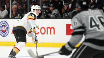 LOS ANGELES, CALIFORNIA - APRIL 06: Jimmy Schuldt #4 of the Vegas Golden Knights advances the puck against the Los Angeles Kings during the third period at Staples Center on April 06, 2019 in Los Angeles, California. (Photo by Yong Teck Lim/Getty Images)