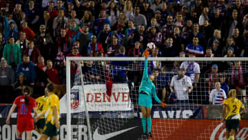 COMMERCE CITY, CO - APRIL 4: Goalkeeper Lydia Williams #1 of Australia makes a save on a shot from the United States during the first half on an international friendly at Dick's Sporting Goods Park on April 4, 2019 in Commerce City, Colorado. (Photo by Justin Edmonds/Getty Images)
