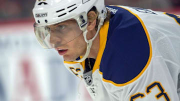 Nov 5, 2016; Ottawa, Ontario, CAN; Buffalo Sabres left wing Tyler Ennis (63) sets up for a face off in the first p eriod against the Ottawa Senators at the Canadian Tire Centre. The Sabres defeated the Senators 2-1. Mandatory Credit: Marc DesRosiers-USA TODAY Sports