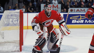 27 Nov 2001: Goaltender Tom Barrasso #35 of the Carolina Huricanes guards the net during the NHL game against the Toronto Malple Leafs at the Air Canada Centre in Toronto, Canada. The Hurricanes defeated the Maple Leafs 5-2. Mandatory Copyright Notice: 2001 NHLI Mandatory Credit: Dave Sandford/Getty Images/NHLI