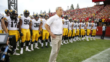 AMES, IA - SEPTEMBER 14: Head coach Kirk Ferentz of the Iowa Hawkeyes takes the field with his team before game action against the Iowa State Cyclones at Jack Trice Stadium on September 14, 2019 in Ames, Iowa. The Iowa Hawkeyes won 18-17 over the Iowa State Cyclones. (Photo by David K Purdy/Getty Images)