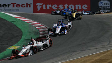 MONTEREY, CALIFORNIA - SEPTEMBER 22: Santino Ferrucci #19 of United States and Cly-Del Manufacturing Honda leads a pack of cars during the NTT IndyCar Series Firestone Grand Prix of Monterey at WeatherTech Raceway Laguna Seca on September 22, 2019 in Monterey, California. (Photo by Robert Reiners/Getty Images)