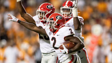 Richard LeCounte celebrates his interception.(Photo by Steve Limentani/ISI Photos/Getty Images).