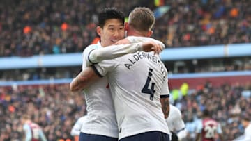 Tottenham Hotspur's Belgian defender Toby Alderweireld (R) celebrates with Tottenham Hotspur's South Korean striker Son Heung-Min after scoring the equalising goal during the English Premier League football match between Aston Villa and Tottenham Hotspur at Villa Park in Birmingham, central England on February 16, 2020. (Photo by JUSTIN TALLIS / AFP) / RESTRICTED TO EDITORIAL USE. No use with unauthorized audio, video, data, fixture lists, club/league logos or 'live' services. Online in-match use limited to 120 images. An additional 40 images may be used in extra time. No video emulation. Social media in-match use limited to 120 images. An additional 40 images may be used in extra time. No use in betting publications, games or single club/league/player publications. / (Photo by JUSTIN TALLIS/AFP via Getty Images)