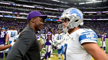 MINNEAPOLIS, MN - OCTOBER 1: Matthew Stafford #9 of the Detroit Lions and Teddy Bridgewater #5 of the Minnesota Vikings greet each other after the game on October 1, 2017 at U.S. Bank Stadium in Minneapolis, Minnesota. The Lions defeated the Vikings 14-7. (Photo by Hannah Foslien/Getty Images)
