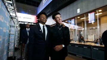 BROOKLYN, NY - JUNE 22: Draft prospects De'Aaron Fox and Lonzo Ball arrive for the 2017 NBA Draft on June 22, 2017 at Barclays Center in Brooklyn, New York. NOTE TO USER: User expressly acknowledges and agrees that, by downloading and/or using this photograph, user is consenting to the terms and conditions of the Getty Images License Agreement. Mandatory Copyright Notice: Copyright 2017 NBAE (Photo by Michelle Farsi/NBAE via Getty Images)