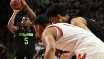 COLLEGE PARK, MARYLAND - FEBRUARY 29: Cassius Winston #5 of the Michigan State Spartans shoots a free throw against the Maryland Terrapins during the first half at Xfinity Center on February 29, 2020 in College Park, Maryland. (Photo by Patrick Smith/Getty Images)
