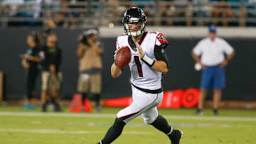 Aug 29, 2019; Jacksonville, FL, USA; Atlanta Falcons quarterback Danny Etling (1) rolls out of the pocket during the second halfagainst the Jacksonville Jaguars at TIAA Bank Field. Mandatory Credit: Reinhold Matay-USA TODAY Sports