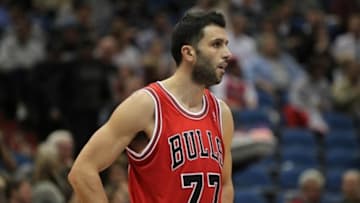 Oct 13, 2012; Minneapolis, MN, USA; Chicago Bulls forward Vladimir Radmanovic (77) against the Minnesota Timberwolves at the Target Center. The Timberwolves defeated the Bulls 82-75. Mandatory Credit: Brace Hemmelgarn-USA TODAY Sports