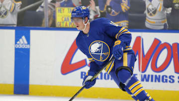 BUFFALO, NEW YORK - NOVEMBER 15: Henri Jokiharju #10 of the Buffalo Sabres skates before the game against the Vancouver Canucks at KeyBank Center on November 15, 2022 in Buffalo, New York. (Photo by Joshua Bessex/Getty Images)