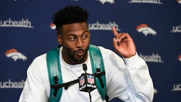 ENGLEWOOD, CO - MAY 02: Denver Broncos wide receiver Emmanuel Sanders reacts to a reporter during a press conference at Dove Valley May 02, 2018. (Photo by Andy Cross/The Denver Post via Getty Images)