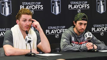 Matthew Tkachuk #19 (L) and Johnny Gaudreau #13, Calgary Flames (Photo by Derek Leung/Getty Images)