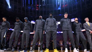 OAKLAND, CA - APRIL 30: Golden State Warriors stand for the national anthem before the game against the Houston Rockets during Game Two of the Western Conference Semifinals of the 2019 NBA Playoffs on April 30, 2019 at ORACLE Arena in Oakland, California. NOTE TO USER: User expressly acknowledges and agrees that, by downloading and or using this photograph, user is consenting to the terms and conditions of Getty Images License Agreement. Mandatory Copyright Notice: Copyright 2019 NBAE (Photo by Noah Graham/NBAE via Getty Images)