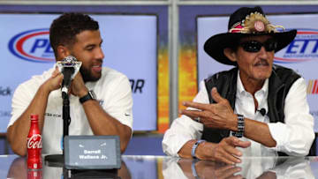 FORT WORTH, TX - NOVEMBER 03: NASCAR driver Darrell Wallace Jr. (L) and team owner Richard Petty (R) attend a press conference at Texas Motor Speedway on November 3, 2017 in Fort Worth, Texas. (Photo by Matt Sullivan/Getty Images for Texas Motor Speedway)