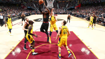CLEVELAND, OH - APRIL 15: LeBron James #23 of the Cleveland Cavaliers shoots the ball against the Indiana Pacers in Game One of Round One of the 2018 NBA Playoffs on April 15, 2018 at Quicken Loans Arena in Cleveland, Ohio. NOTE TO USER: User expressly acknowledges and agrees that, by downloading and or using this photograph, user is consenting to the terms and conditions of Getty Images License Agreement. Mandatory Copyright Notice: Copyright 2018 NBAE (Photo by Nathaniel S. Butler/NBAE via Getty Images)