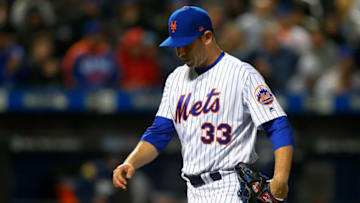 NEW YORK, NY - APRIL 14: Matt Harvey #33 of the New York Mets walks to the dugout after the third inning against the Milwaukee Brewers at Citi Field on April 14, 2018 in the Flushing neighborhood of the Queens borough of New York City. (Photo by Jim McIsaac/Getty Images)