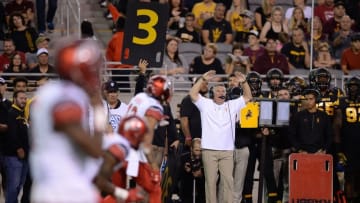 Nov 10, 2016; Tempe, AZ, USA; Arizona State Sun Devils head coach Todd Graham calls signals from the sideline against the Utah Utes during the first half at Sun Devil Stadium. Mandatory Credit: Joe Camporeale-USA TODAY Sports