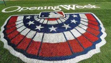 April 9, 2013; Anaheim, CA, USA; General view of opening week logo on field before the Los Angeles Angels play against the Oakland Athletics at Angel Stadium of Anaheim. Mandatory Credit: Gary A. Vasquez-USA TODAY Sports