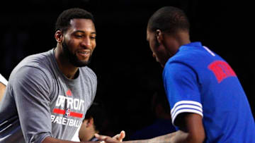 Mar 25, 2016; Auburn Hills, MI, USA; Detroit Pistons center Andre Drummond (0) does a hand shake with guard Kentavious Caldwell-Pope (5) before the game against the Charlotte Hornets at The Palace of Auburn Hills. Pistons win 112-105. Mandatory Credit: Raj Mehta-USA TODAY Sports