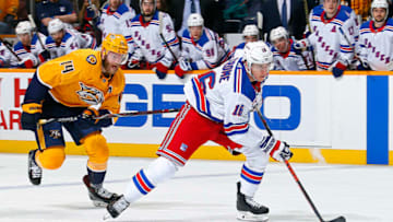 NASHVILLE, TENNESSEE - DECEMBER 29: Ryan Strome #16 of the New York Rangers skates past Mattias Ekholm #14 of the Nashville Predators for a breakaway chance during the second period at Bridgestone Arena on December 29, 2018 in Nashville, Tennessee. (Photo by Frederick Breedon/Getty Images)