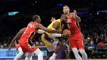 LeBron James, Los Angeles Lakers. Josh Richardson & Willy Hernangomez, New Orleans Pelicans. (Photo by Kevork Djansezian/Getty Images)